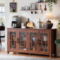 Wood sideboard cabinet with 4 glass doors and dark metal bar handles