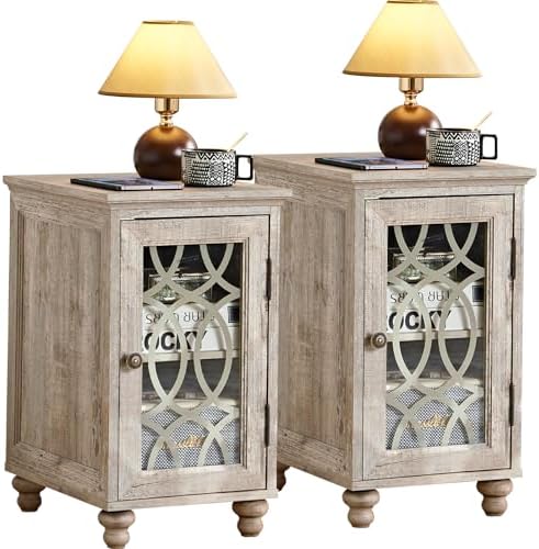 Narrow Side Table with Charging Station, Night Stand with Glass Door, Bedside End Tables with Adjustable Shelf Storage Cabinet,Wood Nightstand for Small Spaces Living Room Bedroom