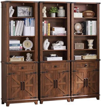 Brown wood bookcase with three open sections, drawers, and multiple barn-door cabinets