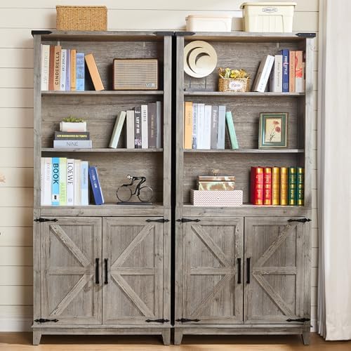 Tall bookcase with open shelves and barn-style doors, gray wood finish and black handles