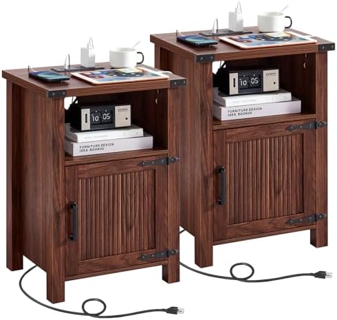 Brown wooden nightstands with charging station, open shelf, cabinet doors and cords