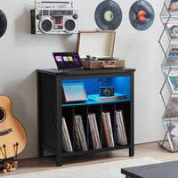 Black record player stand with blue LED shelf lighting and vinyl record storage