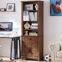 Warm brown bookcase with open shelves, two barn doors, and X-panel mesh inserts