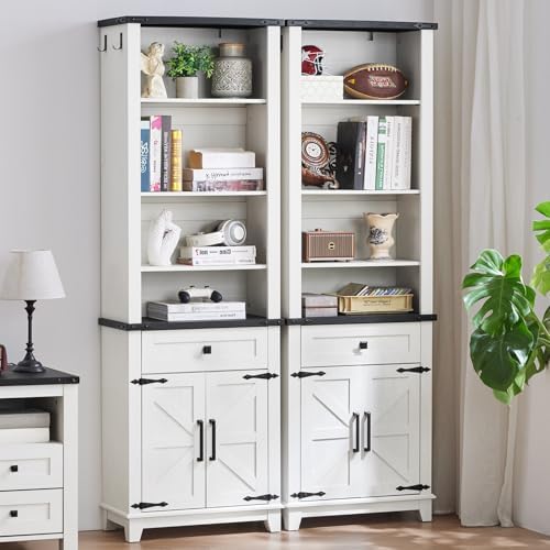 5-tier bookcase with white shelves, navy trim, and open barn-style cabinet doors