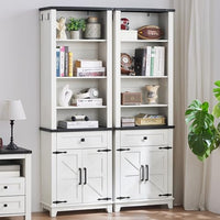 5-tier bookcase with white shelves, navy trim, and open barn-style cabinet doors