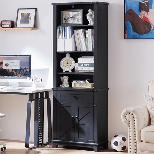 Dark navy bookcase with open top shelves and barn-door cabinet with X-pattern panels