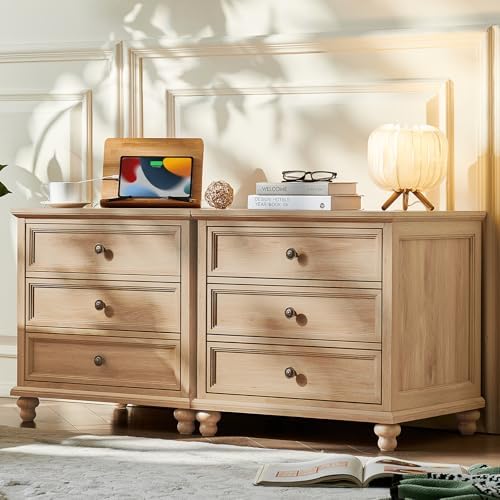 Farmhouse 4-drawer nightstand cabinet with metal knobs and bun feet, light wood finish