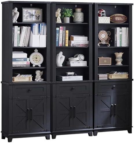 Navy blue farmhouse bookcase with barn doors, multiple open shelves, and drawer-like panels