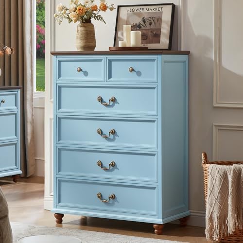 Farmhouse 4-drawer nightstand with metal knobs and bun feet, light blue finish