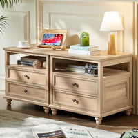 Light wood nightstand with two drawers and open shelves, knob pulls