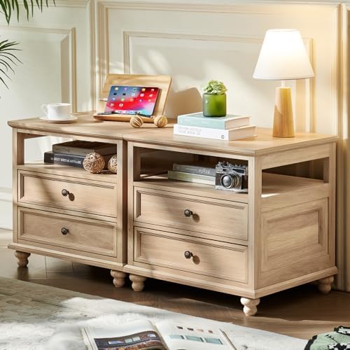 Light wood nightstand with two drawers and open shelves, knob pulls