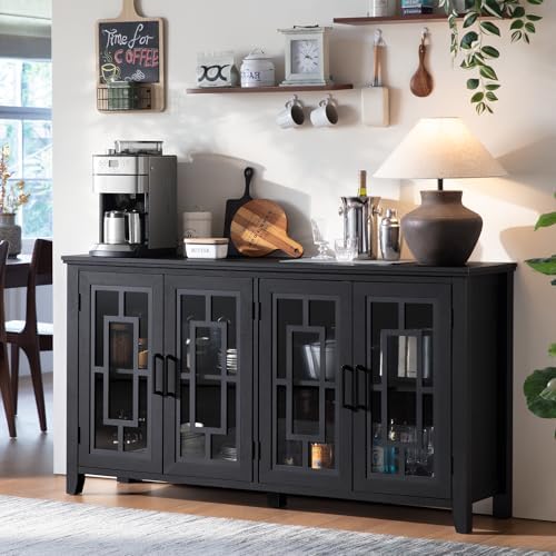 Black sideboard cabinet with 4 glass doors and matte black metal hardware