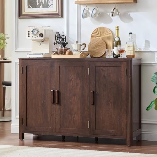 Dark wood sideboard buffet cabinet with three doors and metal bar handles