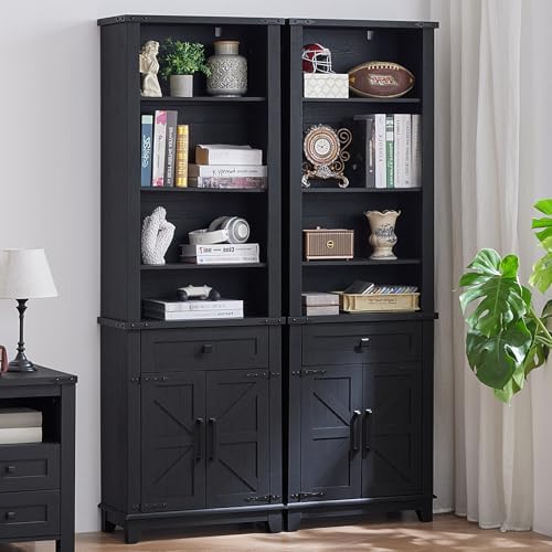 Dark navy blue bookcase cabinet with barn doors, open shelves above, and lower storage