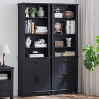 Dark navy blue bookcase cabinet with barn doors, open shelves above, and lower storage
