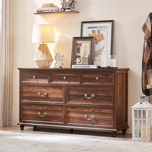Farmhouse nightstand cabinet in dark brown wood with multiple drawers and metal pulls