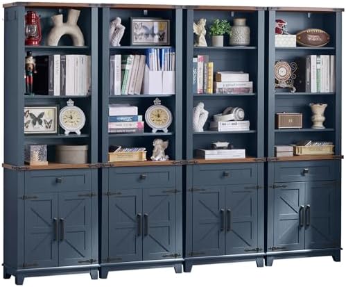 Navy blue 5-tier bookcase with glassless open cubbies and barn-style door storage