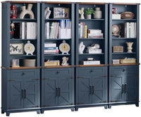 Navy blue 5-tier bookcase with glassless open cubbies and barn-style door storage
