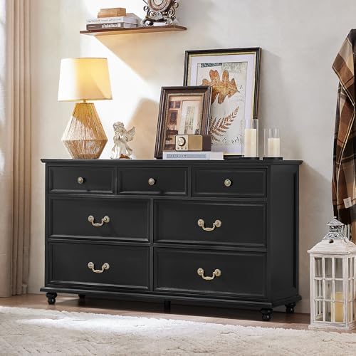 Black farmhouse nightstand set, three-drawer chests with brass-tone knobs and low feet