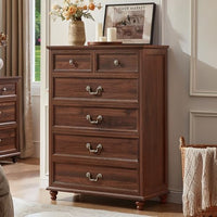 Farmhouse nightstand with 4 drawers, dark wood finish and arched metal pulls