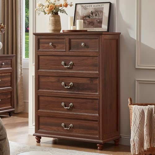Farmhouse nightstand with 4 drawers, dark wood finish and arched metal pulls