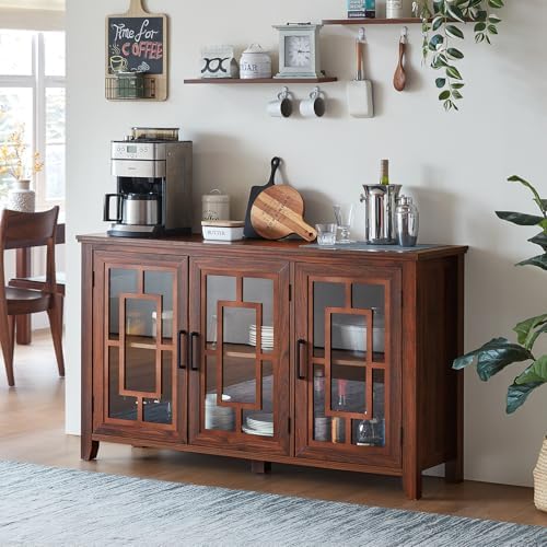 Brown wood sideboard cabinet with 4 glass doors and black metal door pulls