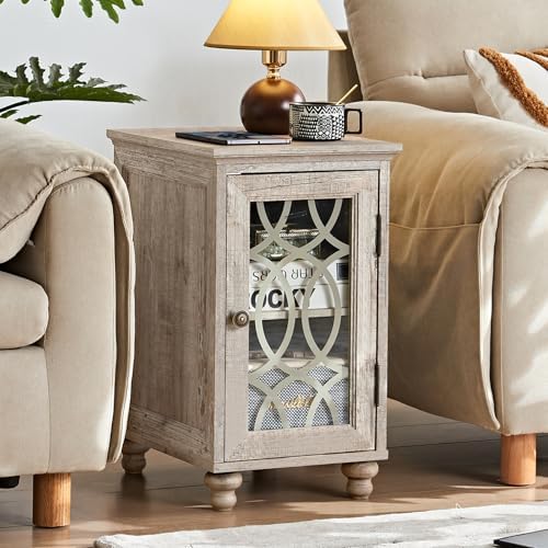 Narrow Side Table with Charging Station, Night Stand with Glass Door, Bedside End Tables with Adjustable Shelf Storage Cabinet,Wood Nightstand for Small Spaces Living Room Bedroom