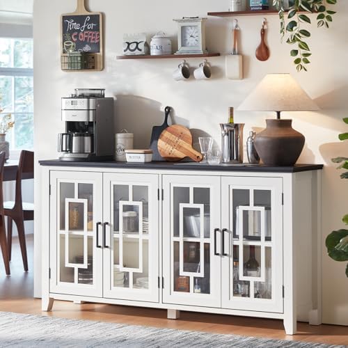 White sideboard cabinet with 4 glass doors and black metal bar handles