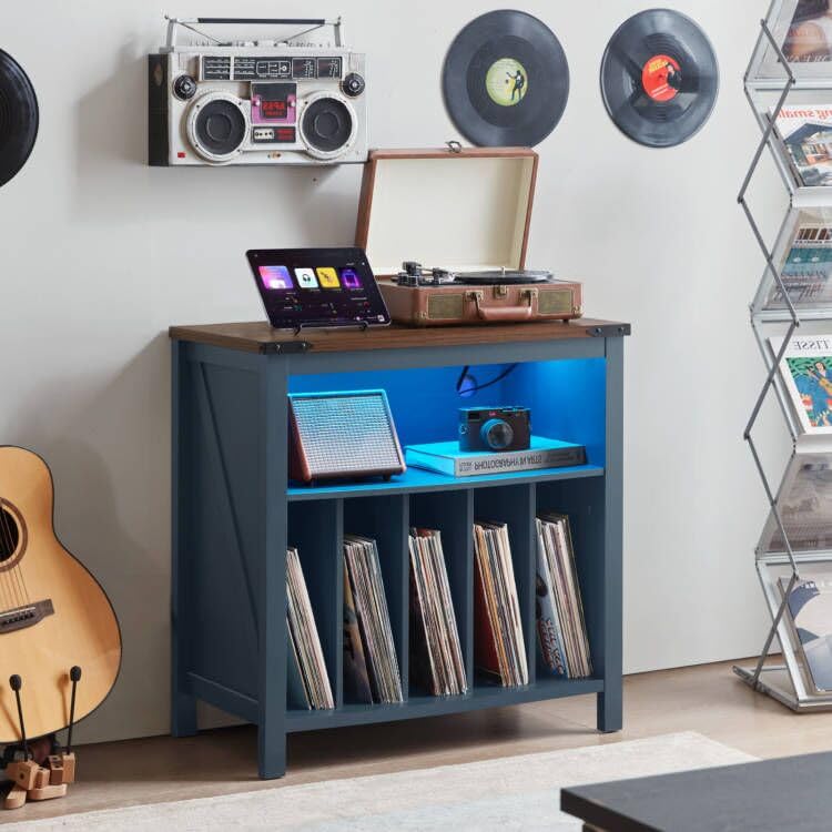 Brown record player stand with front shelves and blue LED-lit interior