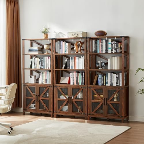 5-tier farmhouse bookcase with five shelves, brown wood frame, and barn-style doors