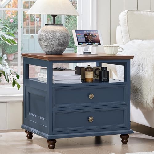 Farmhouse nightstand with open shelf and 2 drawers in blue paint, brass knob pulls