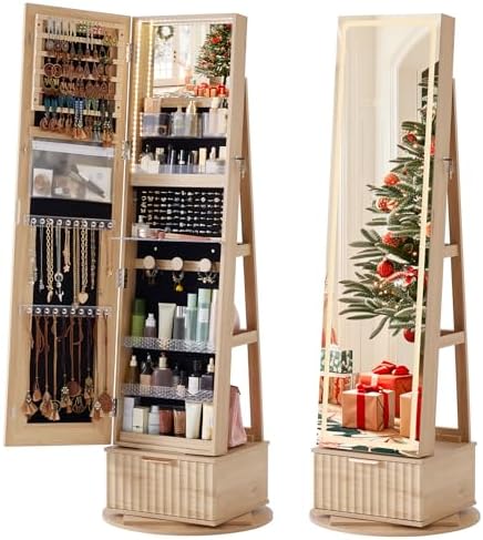 Rattan 360° Swivel Jewelry Armoire Cabinet Standing with Full Length Mirror, Lockable Jewelry Organizers and Drawer Storage with 3 Color LED Lights &amp; Interior Mirror Rear Storage Shelves