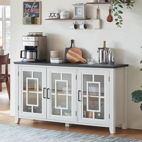 White sideboard cabinet with 4 glass doors and black metal door handles