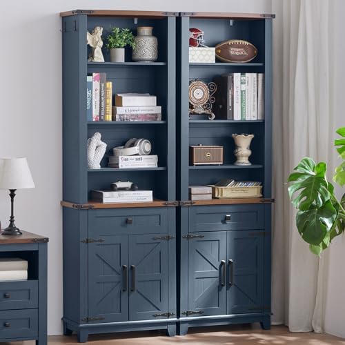 5-tier bookcase with closed barn-style doors in dark navy and two drawer cabinets