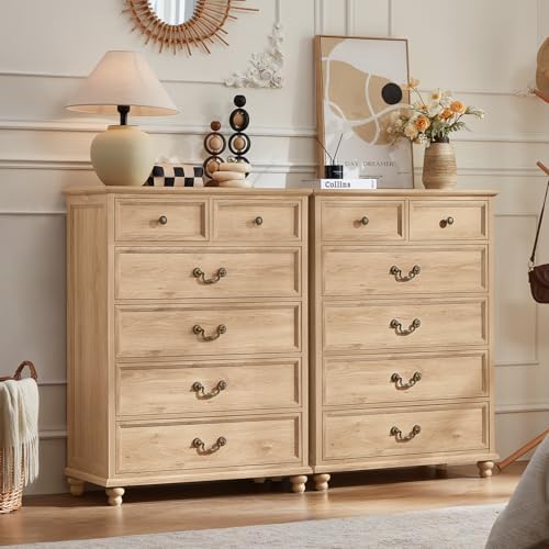 Light wood farmhouse nightstand set of 2 with multiple drawers and antique-style metal pulls