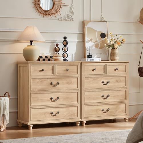 Light wood farmhouse nightstand set of 2 with multiple drawers and antique-style metal pulls