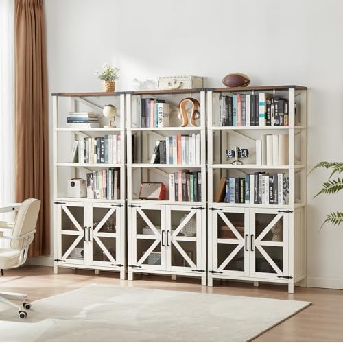 5-tier bookcase with white shelves, X-panel doors, and open barn-style cabinet storage