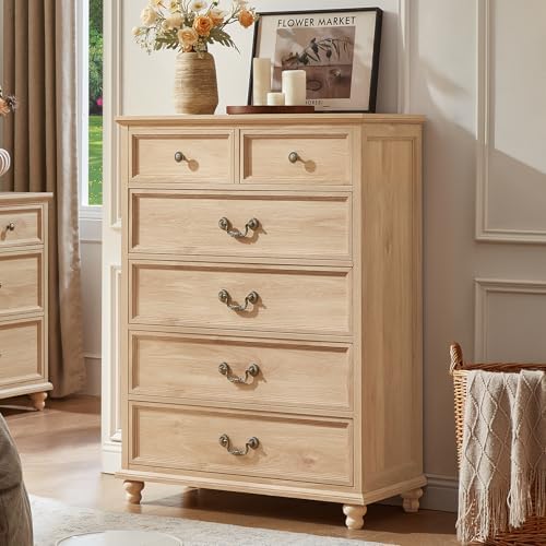 Light wood farmhouse nightstand with 4 drawers and decorative metal handle knobs