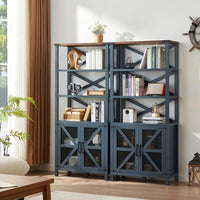 White 5-tier bookcase with barn-style doors, open display shelves, and cabinet storage
