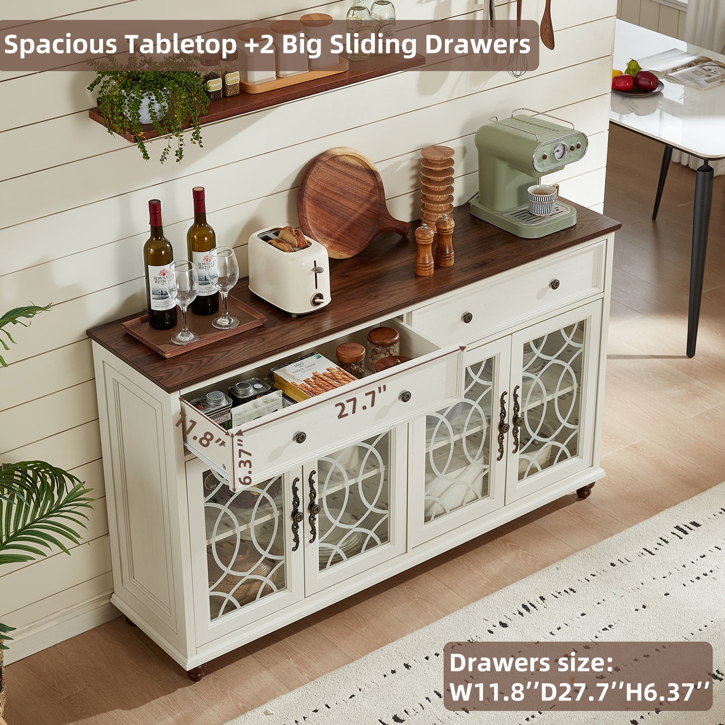 White farmhouse sideboard buffet cabinet with sliding drawers and glass-door storage
