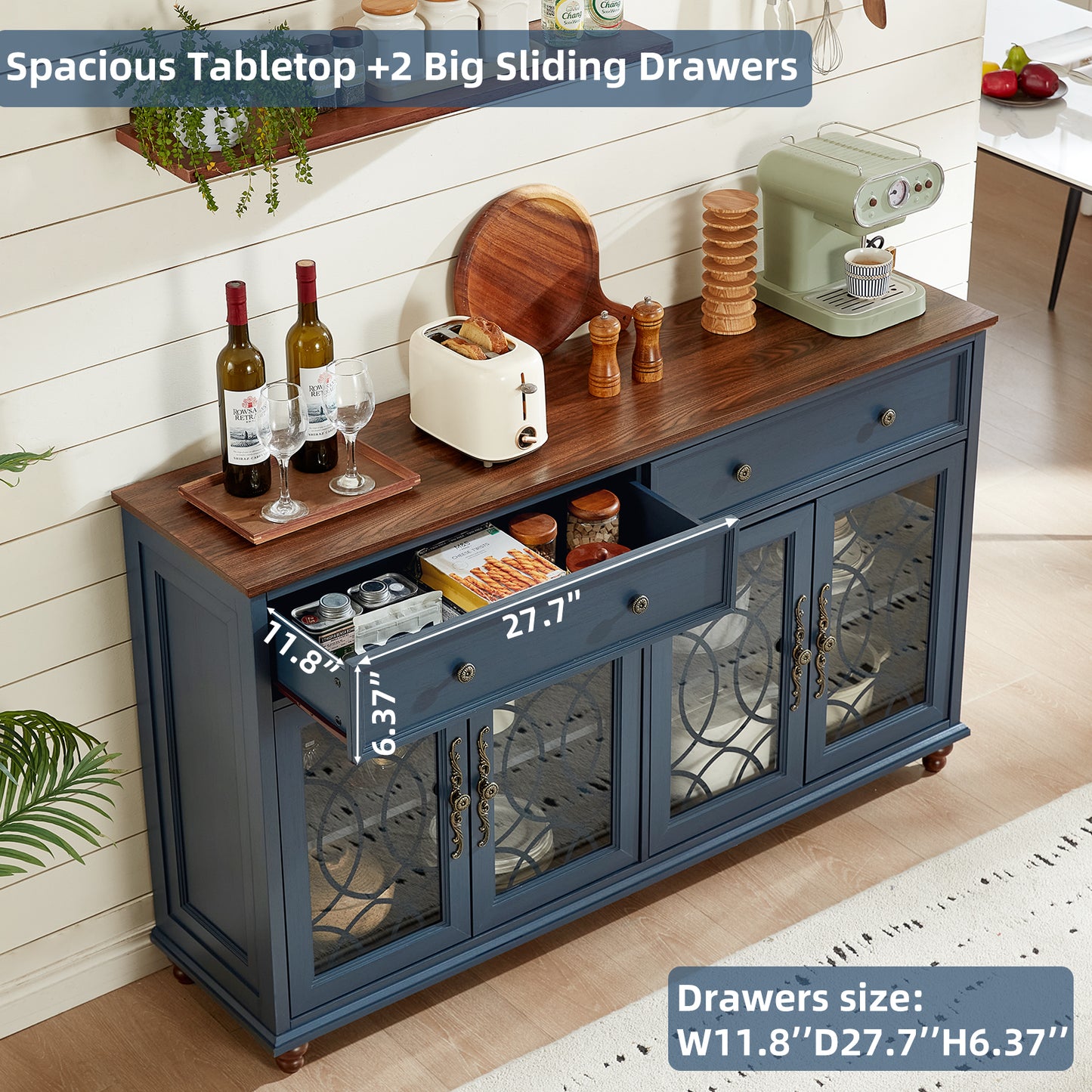 Blue sideboard buffet cabinet with wide top and sliding drawer and glass-door storage