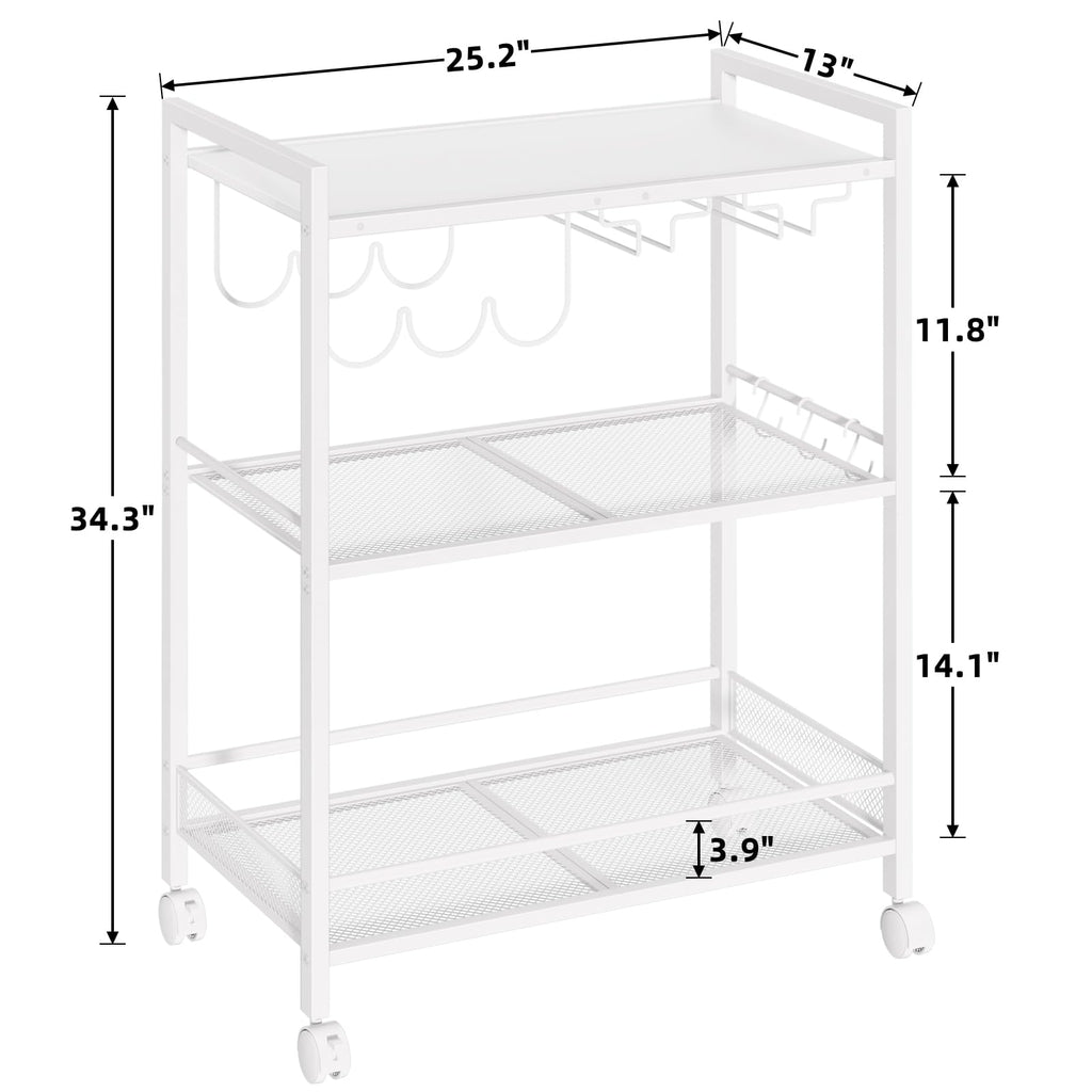 White bar cart design with 3 shelves, mesh bases, and swivel wheels