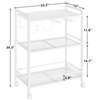 White bar cart design with 3 shelves, mesh bases, and swivel wheels