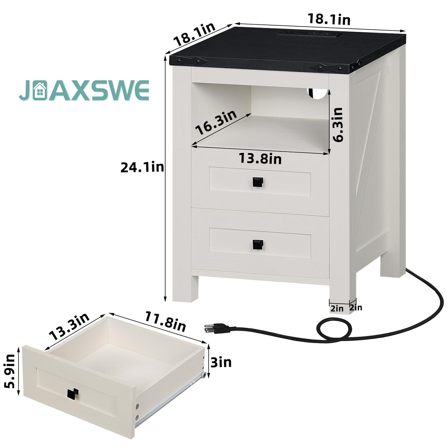 White nightstand with two drawers and cable outlet cutout under the top