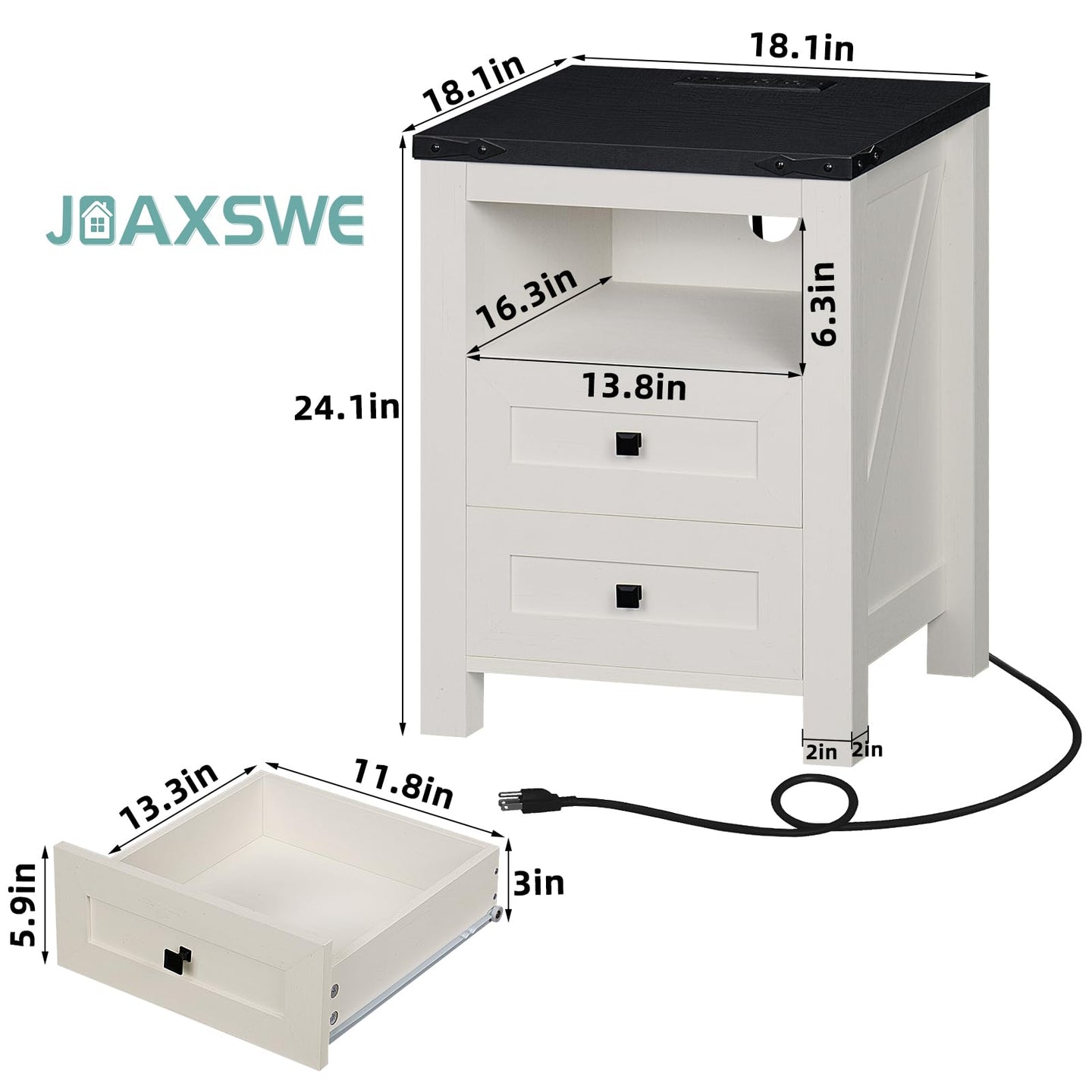 White nightstand with 2 drawers and open shelf, charging cable and outlet opening