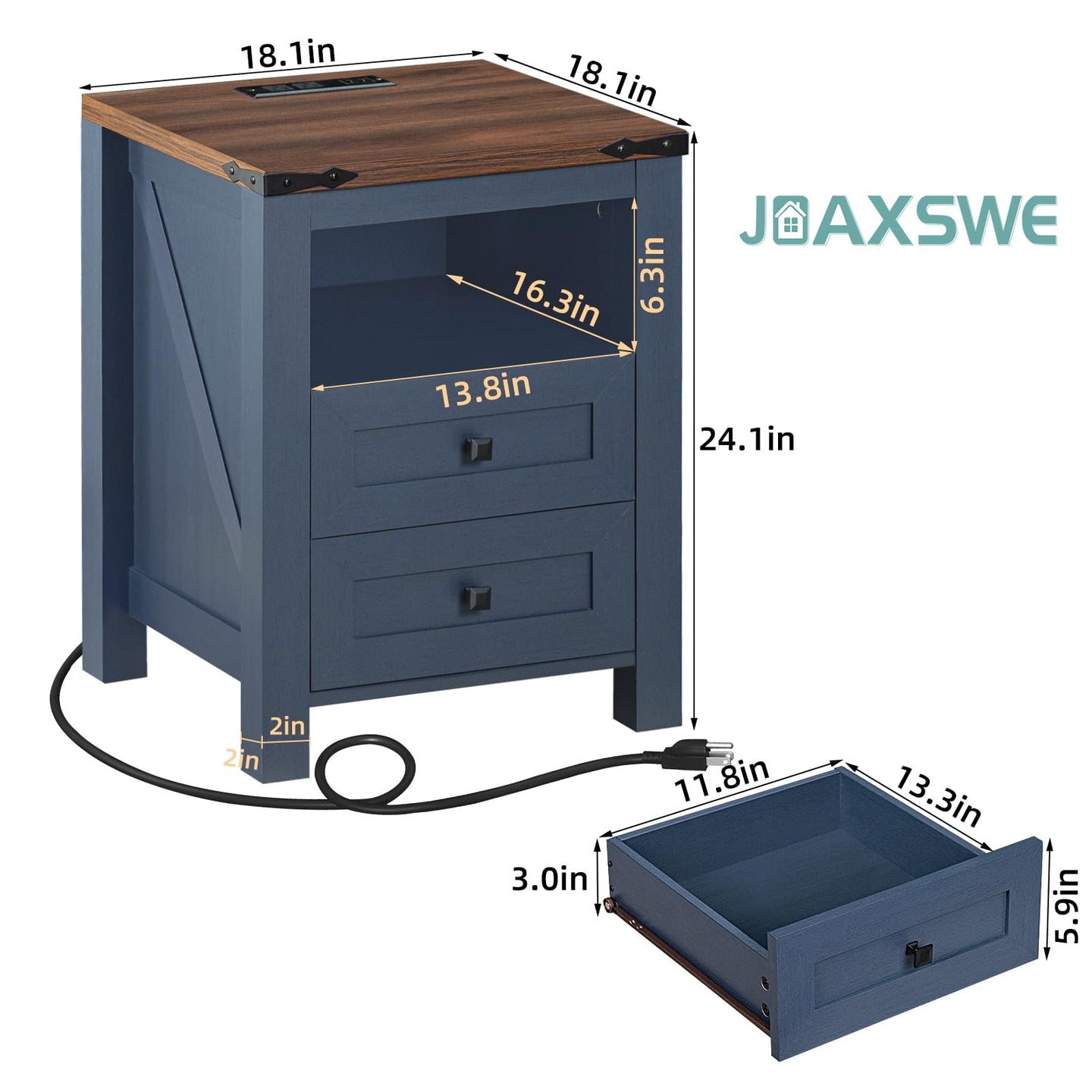 Joaxswe blue wooden nightstand with 2 drawers and open shelf storage, charging station top