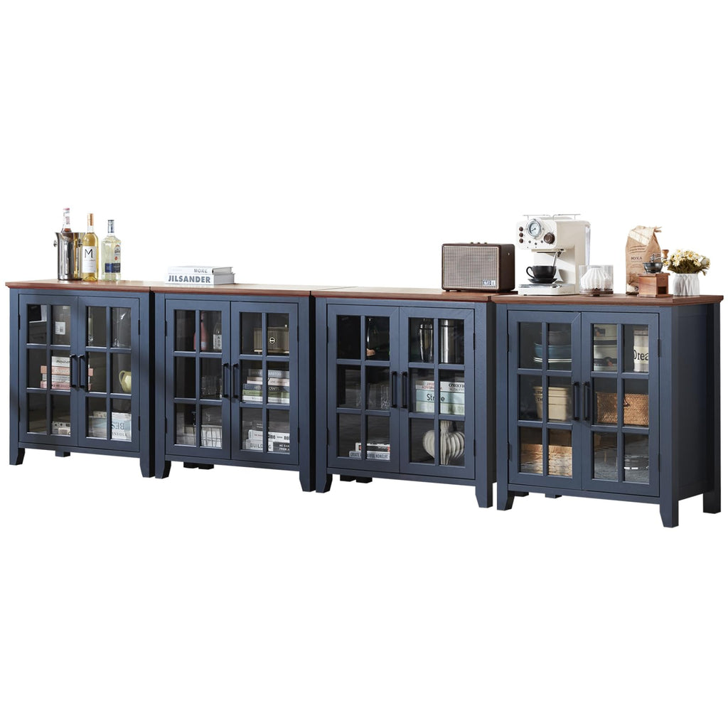 Blue sideboard cabinet with four glass doors and display shelves inside
