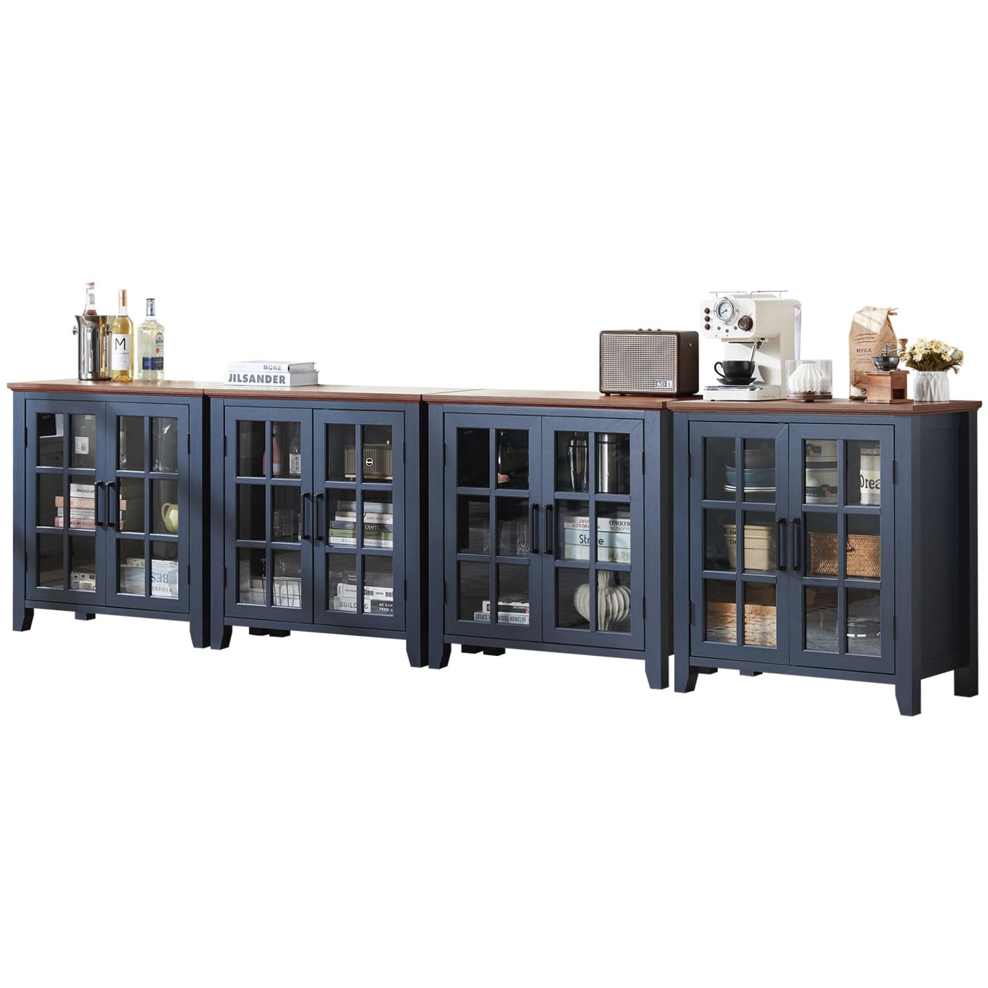 Blue sideboard cabinet with four glass doors and display shelves inside