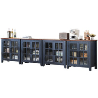 Blue sideboard cabinet with four glass doors and display shelves inside