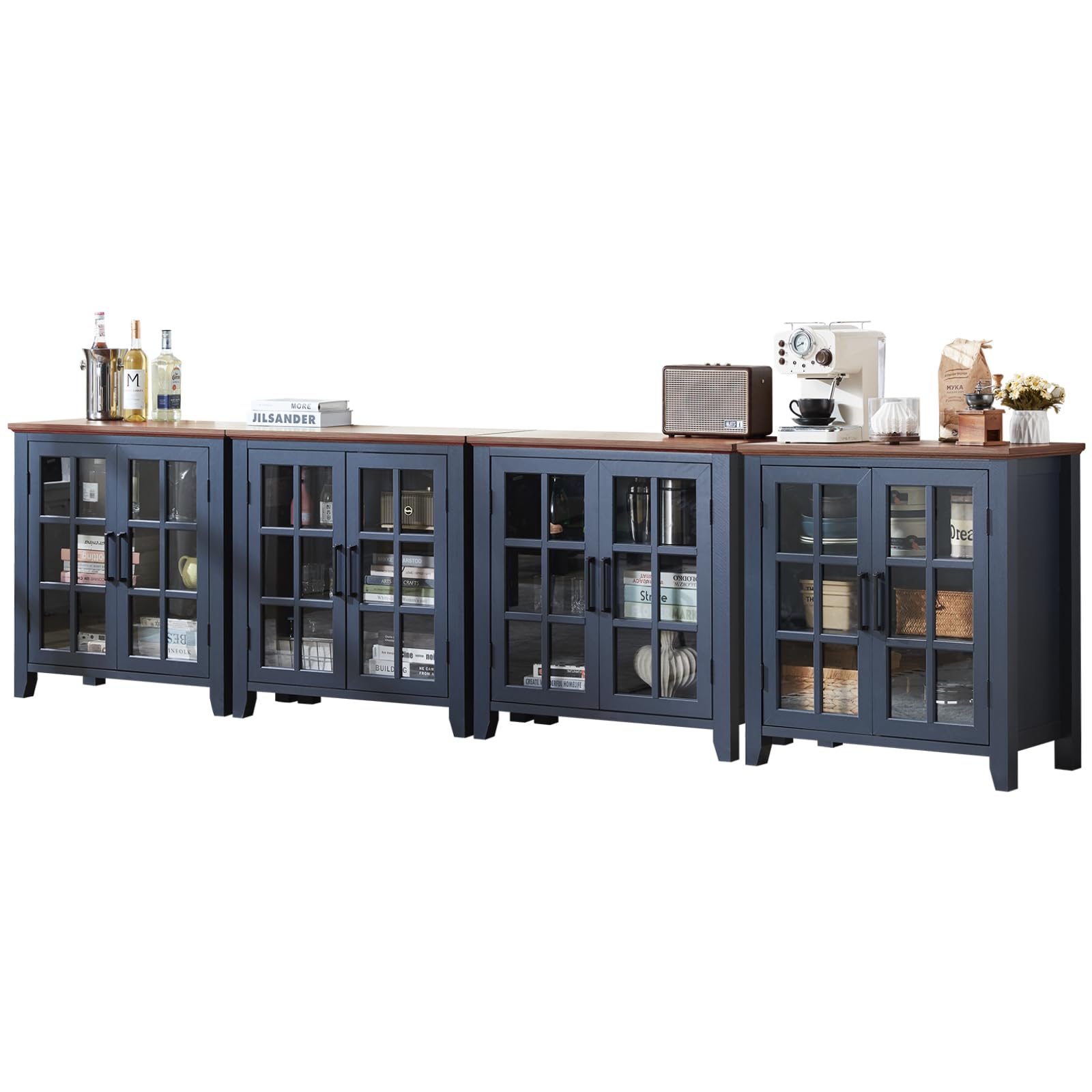 Dark blue sideboard cabinet with glass doors and a continuous serving surface.